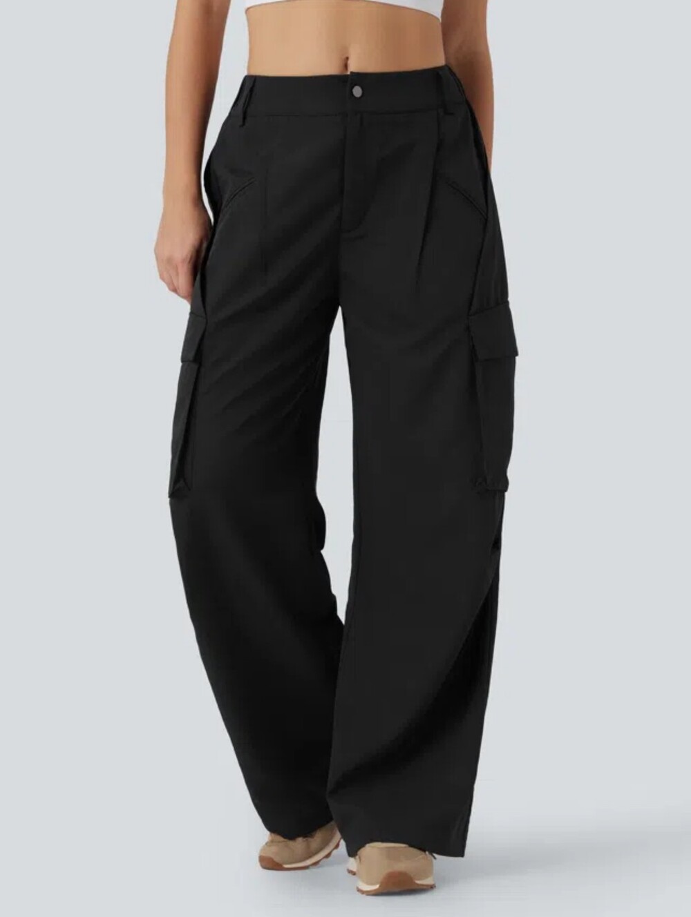 HALARA High Rise Button Zipper Wide Leg Cargo Pants Black Size Small